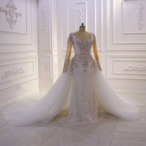2 in 1 Diamond Long Sleeve Wedding Dress